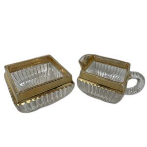 Vintage 80s Jeanette Glass Gold Rim Sugar Bowl & Creamer Hollywood Regency